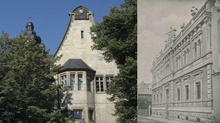 GegenwartUndVergangenheit. Li.: Hauptgebäude, FSU Jena. Re.: ursprüngliches Herbargebäude in Weimar
